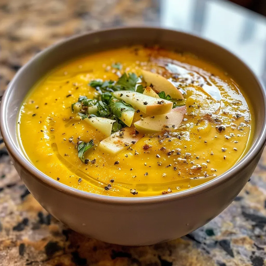 ['Close-up view of creamy curried apple cider soup in a bowl, garnished with shredded apple.', 'Side angle of rich curried apple cider soup, showcasing its creamy texture and vibrant color.', 