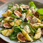 ['Close-up of a vibrant salad featuring dried figs, apples, ricotta, and toasted almonds on a wooden table.', 'Side view of a colorful salad with sliced apples, figs, and ricotta cheese topped with toasted almonds and greens.', 'A fresh and appetizing salad showcasing dried figs and apple slices with creamy ricotta and toasted almond pieces.', 'Detailed image of a mixed greens salad topped with juicy dried figs, crisp apple slices, and ricotta, drizzled with vinaigrette.']
