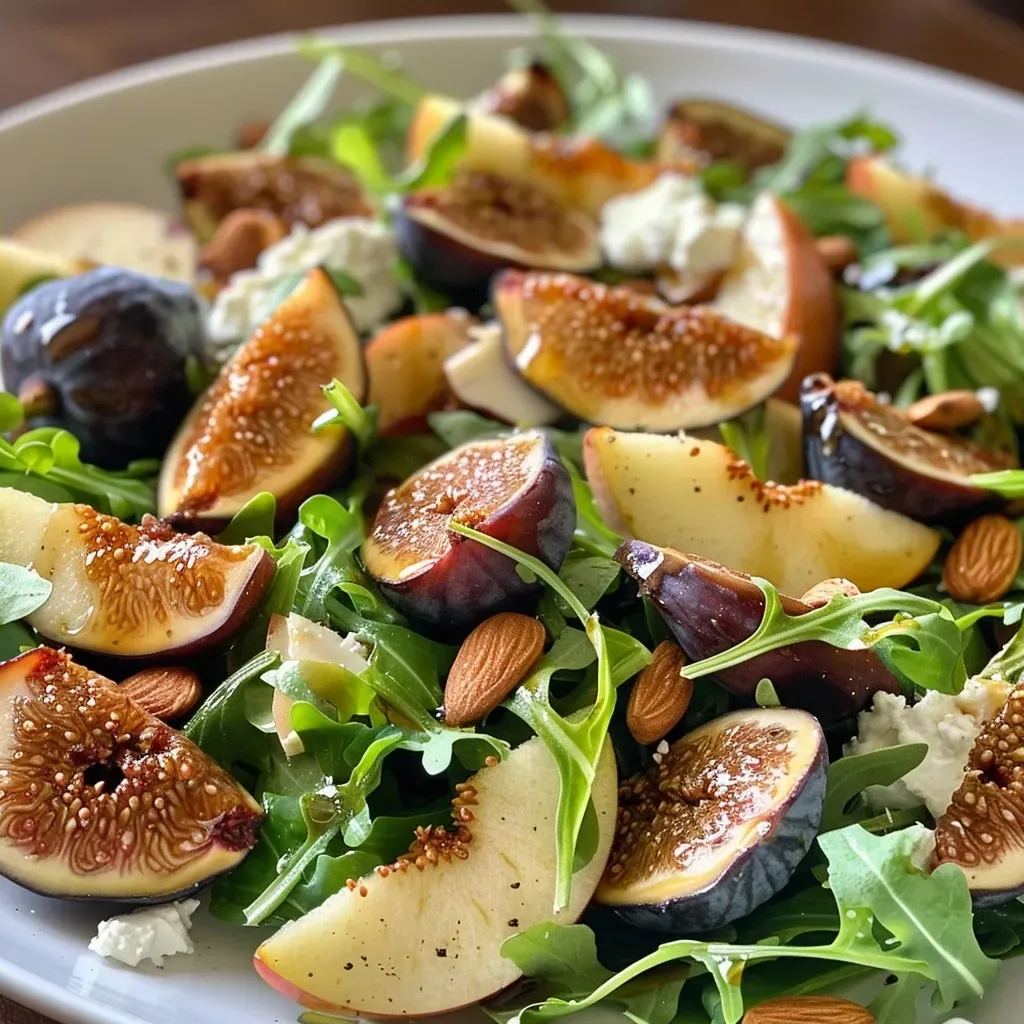 Close-up of a vibrant salad featuring dried figs, apples, ricotta, and toasted almonds on a wooden table.