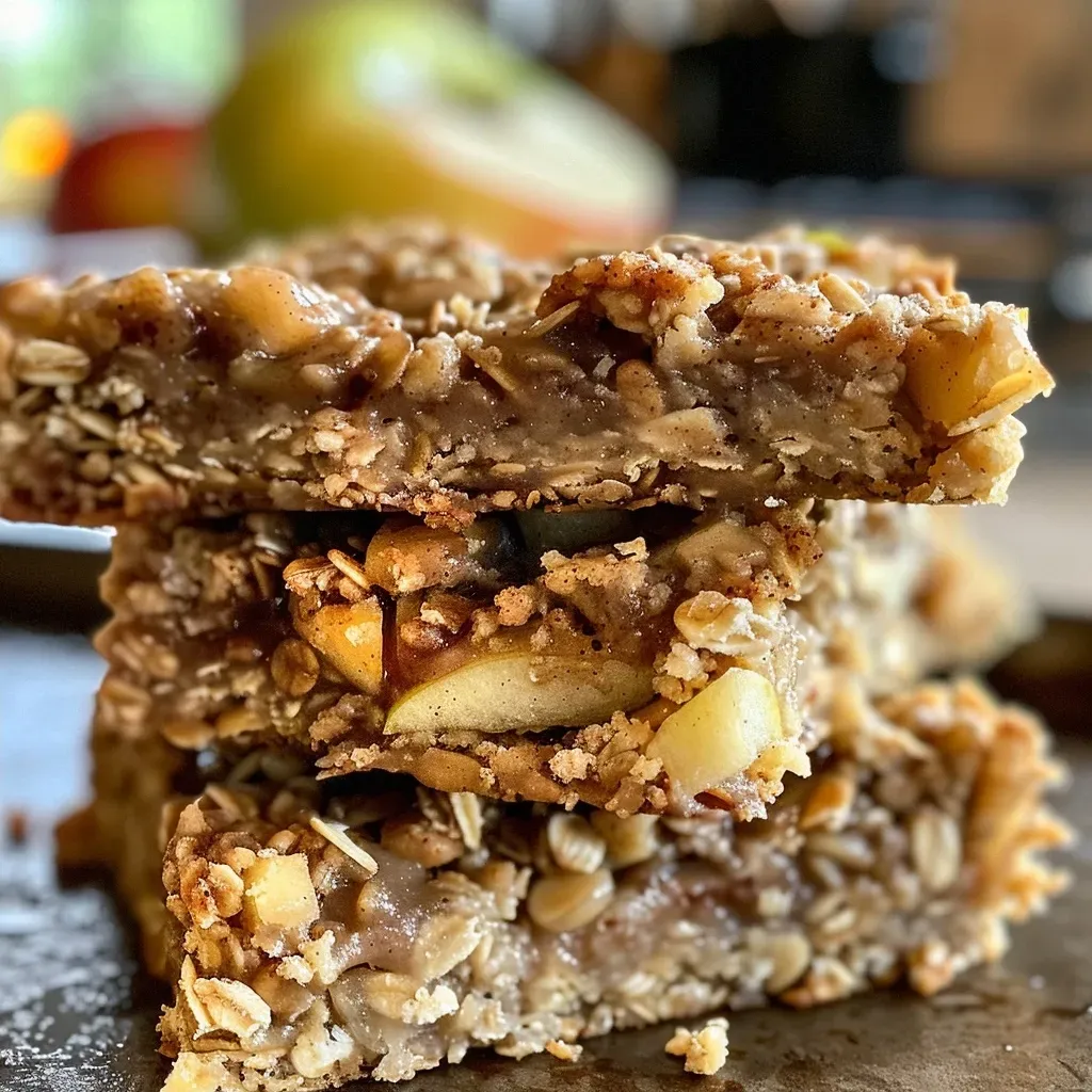 ['Close-up view of healthy apple cinnamon breakfast bars, showcasing a moist texture with visible apple chunks.', 'Side view of Easy Apple Cinnamon Breakfast Bars highlighting their garnished surface and golden-brown color.', 'Warm apple cinnamon breakfast bars displayed on a wooden board, featuring oats and apple pieces.', 'Tasty apple cinnamon breakfast bars arranged neatly, revealing layers of oats, apples, and nuts.']