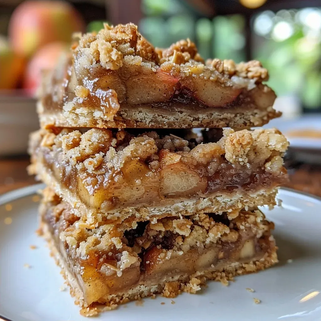 ['Close-up of apple crisp bars showcasing a golden crust and juicy apple filling.', 'Side view of Easy Apple Crisp Bars with a crispy topping and visible apple slices.', 'Delicious apple crisp bars arranged on a plate, highlighting their crumbly texture.', 'Appetizing view of sliced apple bars, topped with a brown sugar crumble.']