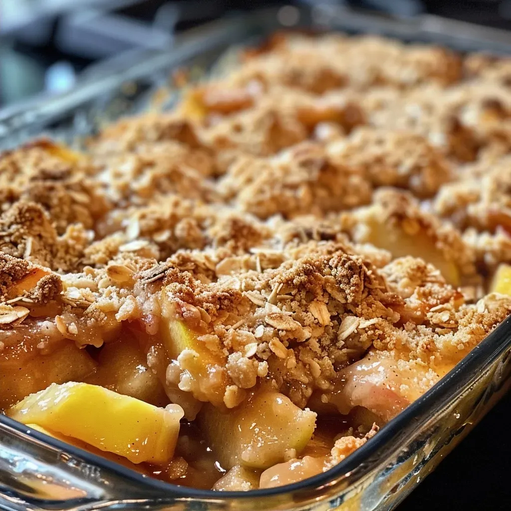 Close-up of a freshly baked apple crisp with a golden-brown topping.