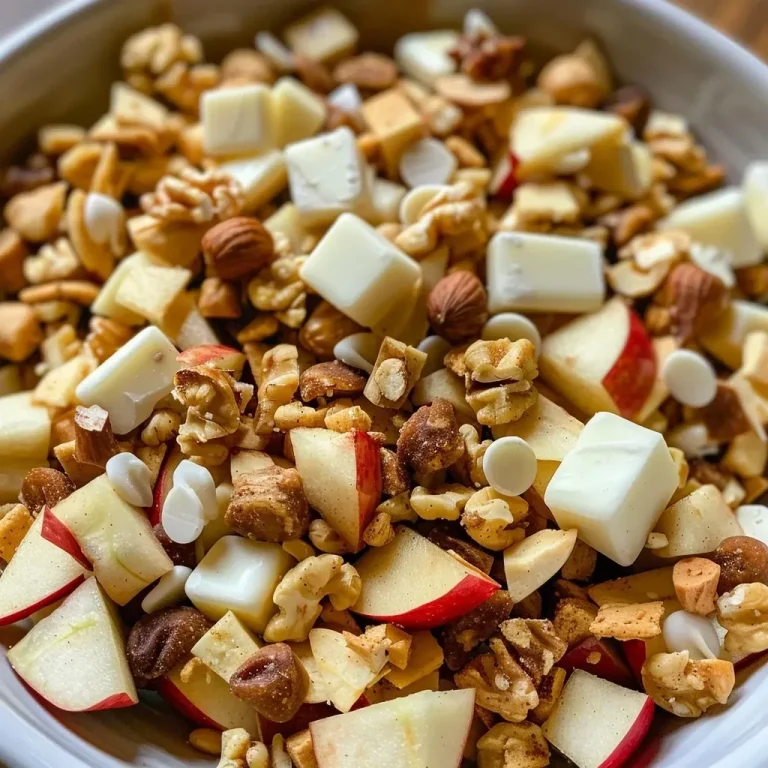 ['Close-up of Easy Apple Pie Trail Mix featuring cinnamon toasters, walnuts, freeze-dried apples, and white chocolate chips.', 'Nutritious trail mix showcasing a mix of crunchy cereal, chopped nuts, and sweet apple pieces with chocolate.', 'Side view of a bowl filled with Easy Apple Pie Trail Mix, highlighting its colorful ingredients.', 'Vibrant display of Easy Apple Pie Trail Mix with visible textures of cinnamon cereal, nuts, and fruit.']