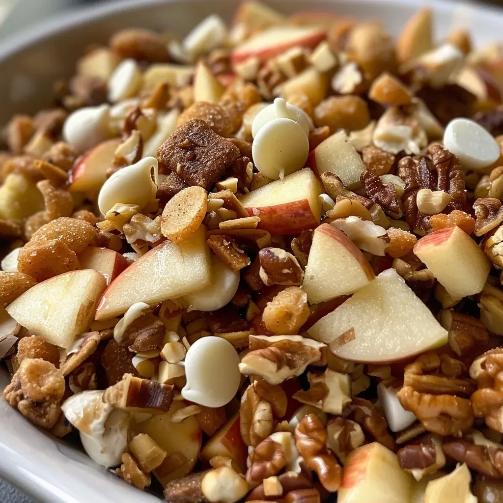 ['Close-up of Easy Apple Pie Trail Mix featuring cinnamon toasters, walnuts, freeze-dried apples, and white chocolate chips.', 'Nutritious trail mix showcasing a mix of crunchy cereal, chopped nuts, and sweet apple pieces with chocolate.', 'Side view of a bowl filled with Easy Apple Pie Trail Mix, highlighting its colorful ingredients.', 'Vibrant display of Easy Apple Pie Trail Mix with visible textures of cinnamon cereal, nuts, and fruit.']