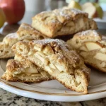 ['Close-up side view of freshly baked apple scones with a golden crust and glazed surface.', 'Juicy, flaky apple scones displayed on a rustic wooden table, showcasing chunks of apple.', 'Side view of warm cider-glazed apple scones with visible pieces of diced apple.', 'Delicious apple scones, glistening with cider glaze, arranged neatly on a plate.']