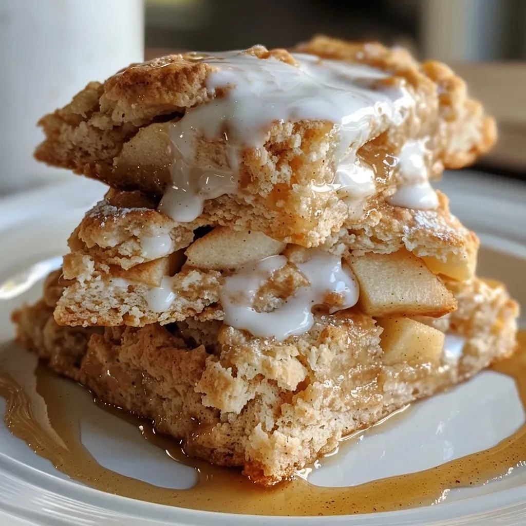 ['Close-up side view of freshly baked apple scones with a golden crust and glazed surface.', 'Juicy, flaky apple scones displayed on a rustic wooden table, showcasing chunks of apple.', 'Side view of warm cider-glazed apple scones with visible pieces of diced apple.', 'Delicious apple scones, glistening with cider glaze, arranged neatly on a plate.']