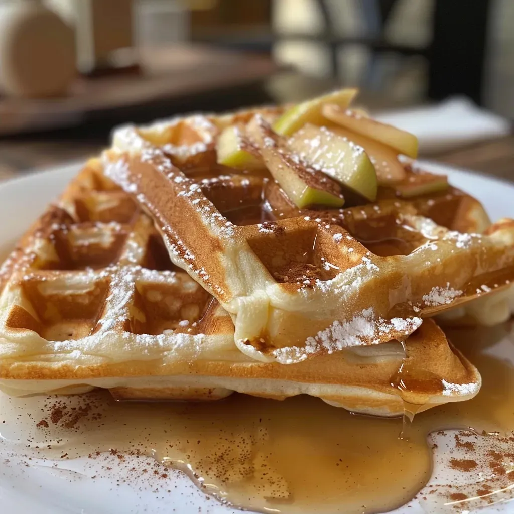 ['Close-up view of golden-brown apple waffles topped with syrup.', 'Side view of fluffy apple waffles with a sprinkle of cinnamon.', 'Juicy apple waffles stacked on a plate, showcasing their texture.', 'Delicious apple waffles drizzled with syrup and garnished with apple slices.']