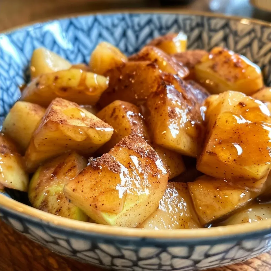 Close-up view of chopped apples coated in cinnamon and syrup.