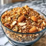 ['Close-up of crunchy maple cinnamon granola with sliced almonds and walnuts.', 'Side view of golden brown granola featuring oats and seeds in a bowl.', 'Delicious homemade granola mixed with cinnamon and maple syrup in a jar.', 'High protein granola captured with vibrant textures and nutty ingredients visible.']