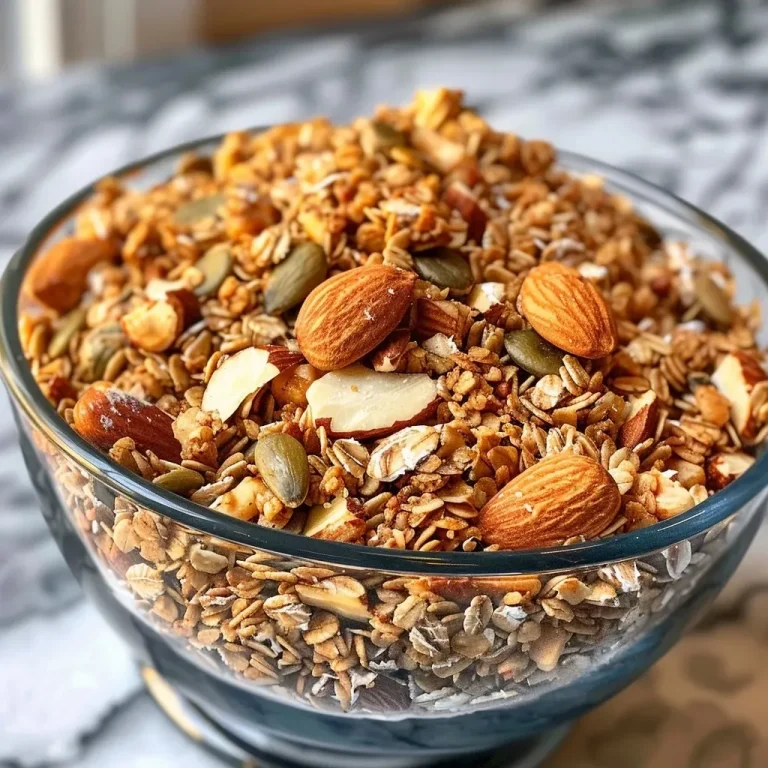 ['Close-up of crunchy maple cinnamon granola with sliced almonds and walnuts.', 'Side view of golden brown granola featuring oats and seeds in a bowl.', 'Delicious homemade granola mixed with cinnamon and maple syrup in a jar.', 'High protein granola captured with vibrant textures and nutty ingredients visible.']