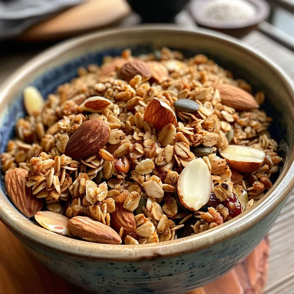 ['Close-up of crunchy maple cinnamon granola with sliced almonds and walnuts.', 'Side view of golden brown granola featuring oats and seeds in a bowl.', 'Delicious homemade granola mixed with cinnamon and maple syrup in a jar.', 'High protein granola captured with vibrant textures and nutty ingredients visible.']