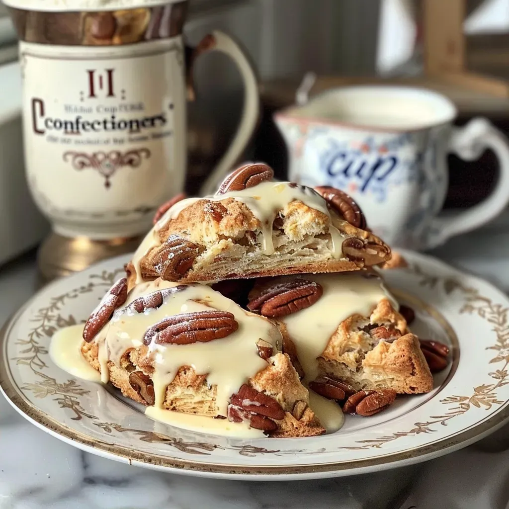 ['Close-up view of maple pecan scones with a golden-brown crust and chopped pecans visible on top.', 'Side view of moist and fluffy maple pecan scones with glistening maple syrup drizzled over them.', 'Delicious-looking scones featuring a crumbly texture and bits of pecans, highlighting their golden color.', 'Appetizing maple pecan scones arranged on a plate, showcasing their sweet glaze and nutty topping.']