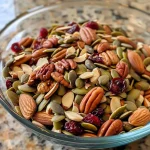 ['Close-up view of a colorful trail mix featuring almonds, pecans, pumpkin seeds, and dried fruit.', 'A detailed side shot of a bowl filled with maple roasted trail mix ingredients, showing nuts and seeds.', 'Freshly prepared trail mix on a wooden surface, showcasing almonds, coconut, and cranberries.', 'Vibrant assortment of nuts and dried fruit, arranged neatly in a bowl with a shiny maple coating.']