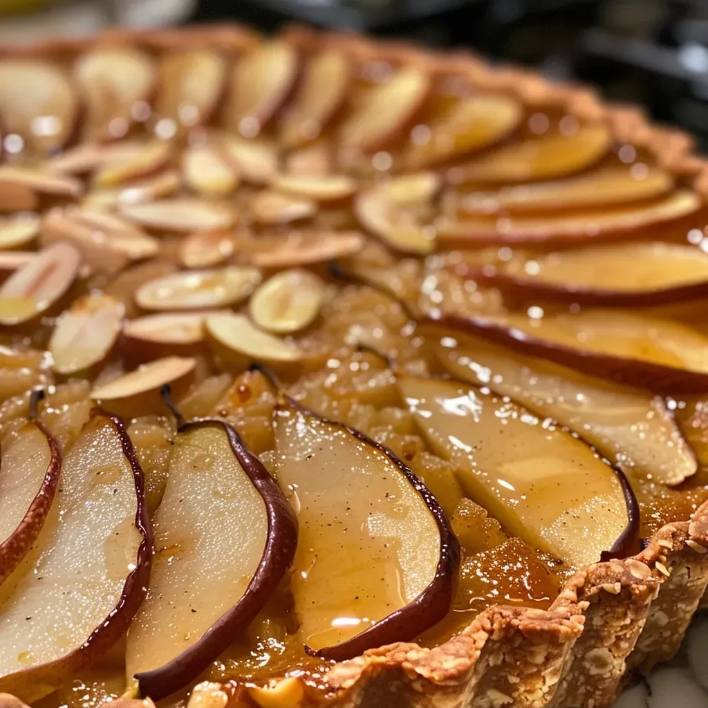 ['Close-up shot of a sliced pear tart with caramelized edges and almond topping.', 'Side view of an easy pear tart showcasing thinly sliced pears and a golden crust.', 'Juicy pear tart with a crispy almond flour base, garnished with sliced almonds.', 'Deliciously presented pear tart highlighting the layers of pear slices and melted butter.']