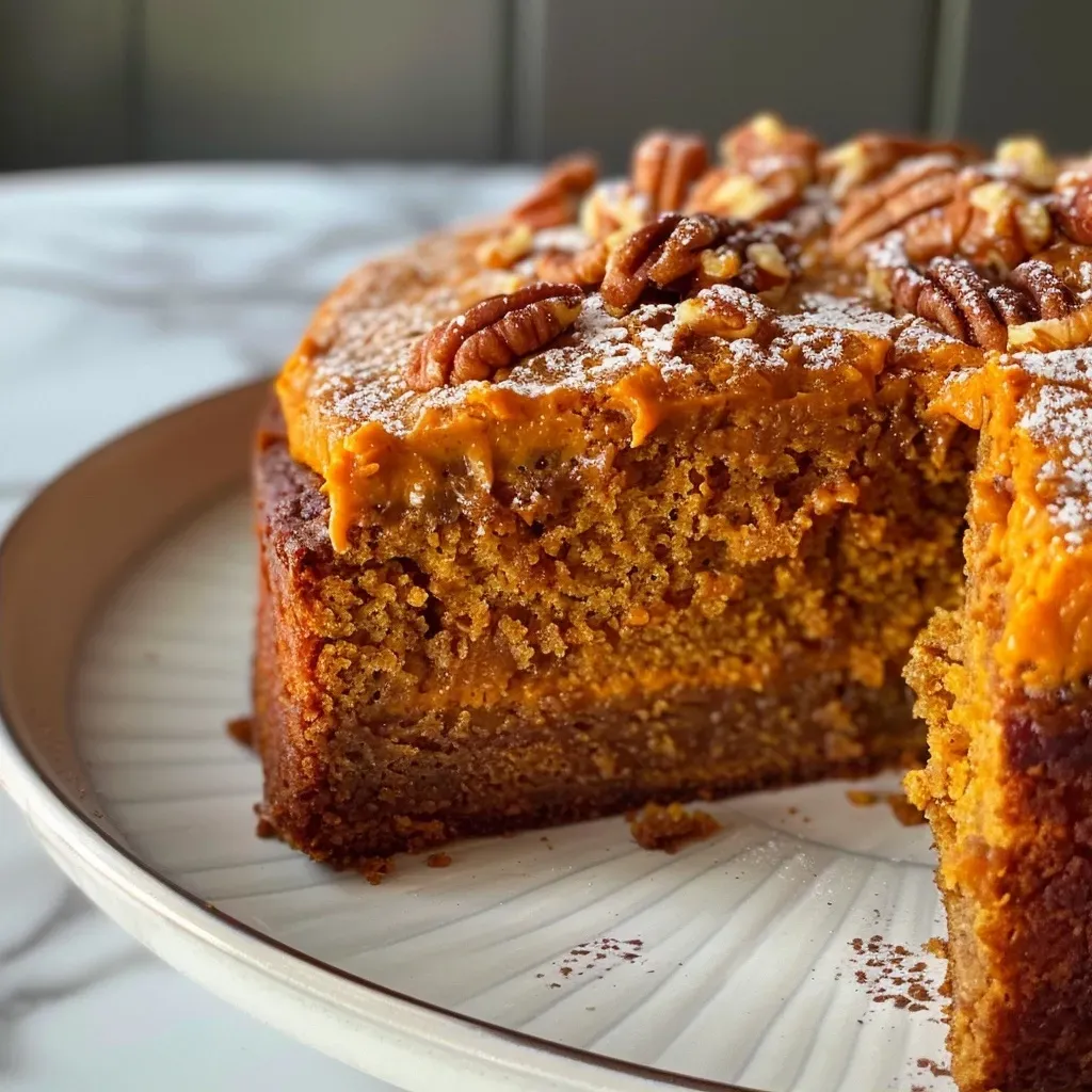 Close-up view of a moist pumpkin cake slice topped with cream cheese frosting and walnuts.