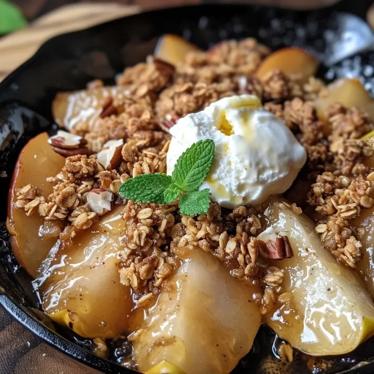 ['Close-up view of a warm skillet pear crisp topped with a golden-brown oat crumble.', 'Juicy sliced pears baked with a crispy, buttery topping in a cast-iron skillet.', 'Delicious pear crisp with a crunchy oat topping, garnished with mint leaves.', 'Side view of a skillet filled with pear crisp, showcasing its caramelized fruit and crumbly texture.']