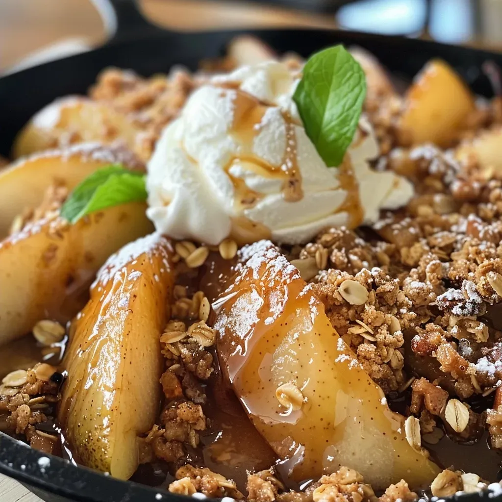 ['Close-up view of a warm skillet pear crisp topped with a golden-brown oat crumble.', 'Juicy sliced pears baked with a crispy, buttery topping in a cast-iron skillet.', 'Delicious pear crisp with a crunchy oat topping, garnished with mint leaves.', 'Side view of a skillet filled with pear crisp, showcasing its caramelized fruit and crumbly texture.']