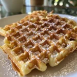 ['Close-up view of a golden waffle topped with butter and syrup.', 'Side view of a fluffy waffle with a shiny syrup glaze.', 'Delicious waffle with a light dusting of powdered sugar and berries.', 'Detailed shot of a fresh waffle stacked and drizzled with maple syrup.']