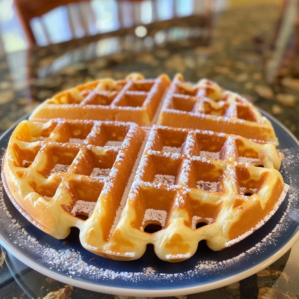 ['Close-up view of a golden waffle topped with butter and syrup.', 'Side view of a fluffy waffle with a shiny syrup glaze.', 'Delicious waffle with a light dusting of powdered sugar and berries.', 'Detailed shot of a fresh waffle stacked and drizzled with maple syrup.']