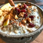 ['A close-up side view of a bowl of Fall Harvest Overnight Oats topped with fresh apple and dried cranberries.', 'Side view of delicious Fall Harvest Overnight Oats in a glass jar, featuring oats, apples, and nuts.', 'A detailed shot of overnight oats with apples, walnuts, and cranberries, showcasing their creamy texture.', 'Close-up of Fall Harvest Overnight Oats with a sprinkle of cinnamon, apples, and a dollop of Greek yogurt.']
