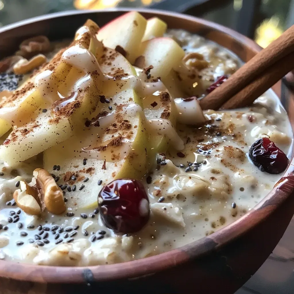 ['A close-up side view of a bowl of Fall Harvest Overnight Oats topped with fresh apple and dried cranberries.', 'Side view of delicious Fall Harvest Overnight Oats in a glass jar, featuring oats, apples, and nuts.', 'A detailed shot of overnight oats with apples, walnuts, and cranberries, showcasing their creamy texture.', 'Close-up of Fall Harvest Overnight Oats with a sprinkle of cinnamon, apples, and a dollop of Greek yogurt.']