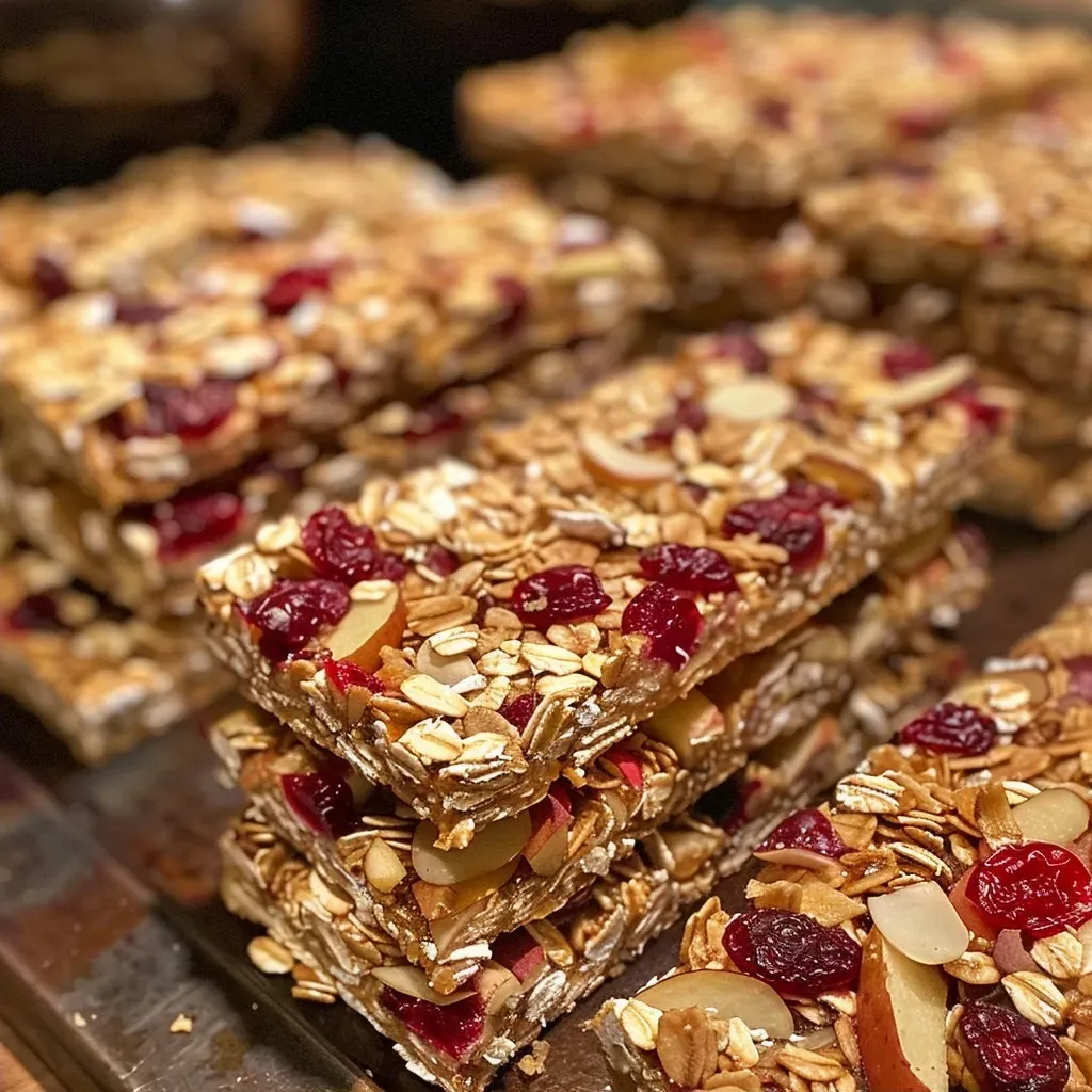 ['Close-up side view of a delicious Fall Harvest Snack Bar with visible oats and cranberries.', 'Side view of a chewy snack bar featuring chunks of dried apples and cranberries.', 'Detailed close-up of a Fall Harvest Snack Bar showcasing its textured ingredients and golden color.', 'Juicy snack bar from the side, highlighting the oatmeal and pumpkin puree mixture.']