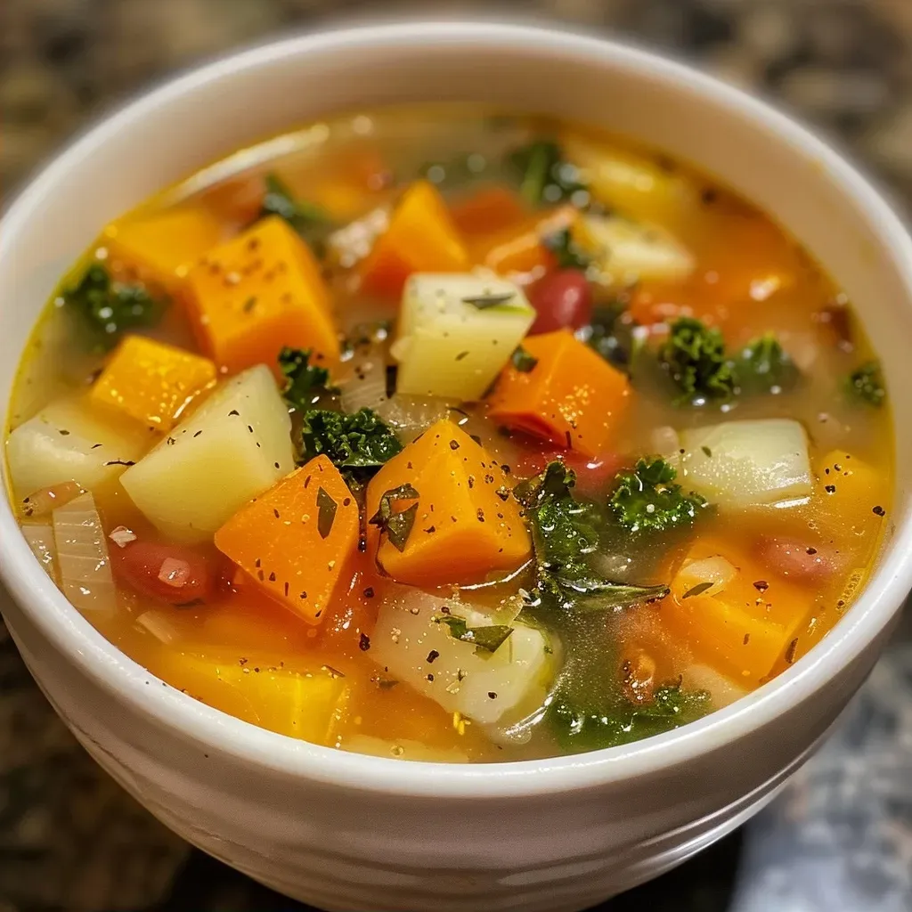 ['Close-up view of a steaming bowl of Fall Harvest Soup, showcasing vibrant ingredients.', 'A delicious bowl of colorful Fall Harvest Soup with fresh vegetables.', 'Side view of a rich and hearty Fall Harvest Soup filled with seasonal ingredients.', 'Close-up of a bowl of Fall Harvest Soup, highlighting chunks of butternut and cucuzza squash.']
