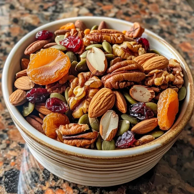 ['Close-up view of Fall Pumpkin Spice Trail Mix featuring nuts, cranberries, and dried fruits.', 'A vibrant assortment of Fall Pumpkin Spice Trail Mix with pecans, almonds, and dried fruit on display.', 'Detailed close-up of a bowl containing Fall Pumpkin Spice Trail Mix with various nuts and dried fruits.', 'Side view of a delicious Fall Pumpkin Spice Trail Mix showcasing its colorful ingredients.']