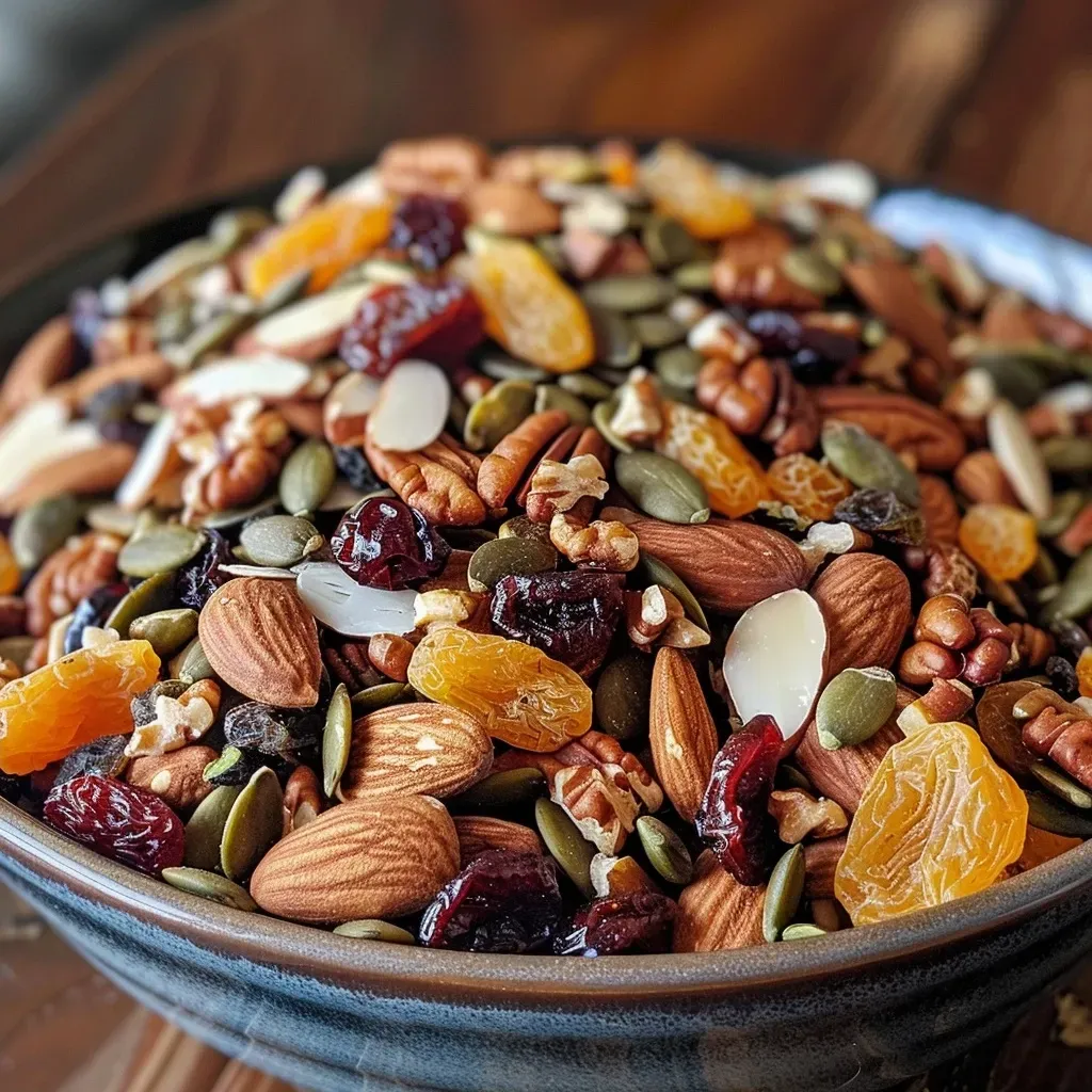 ['Close-up view of Fall Pumpkin Spice Trail Mix featuring nuts, cranberries, and dried fruits.', 'A vibrant assortment of Fall Pumpkin Spice Trail Mix with pecans, almonds, and dried fruit on display.', 'Detailed close-up of a bowl containing Fall Pumpkin Spice Trail Mix with various nuts and dried fruits.', 'Side view of a delicious Fall Pumpkin Spice Trail Mix showcasing its colorful ingredients.']