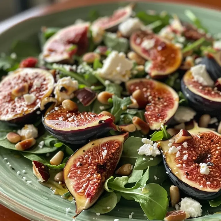 ['A close-up of a Fig and Feta Salad showcasing fresh figs, mixed greens, and feta cheese.', 'Side view of a vibrant salad featuring sliced figs, creamy feta, and toasted pine nuts.', 'Colorful platter of fresh salad with figs, feta cheese, and a honey dressing, captured in detail.', 'A beautifully arranged salad with figs and feta on a rustic backdrop, highlighting its fresh ingredients.']