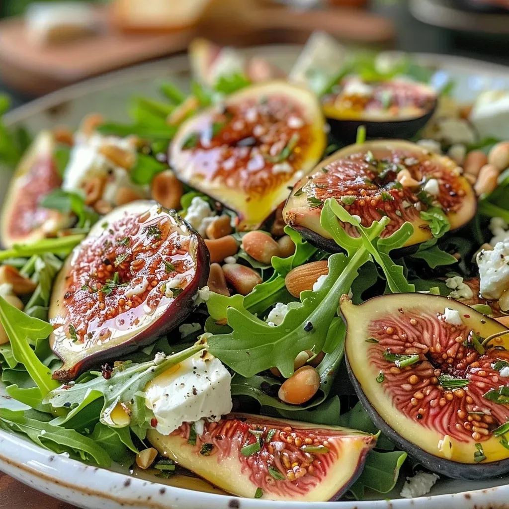 A close-up of a Fig and Feta Salad showcasing fresh figs, mixed greens, and feta cheese.