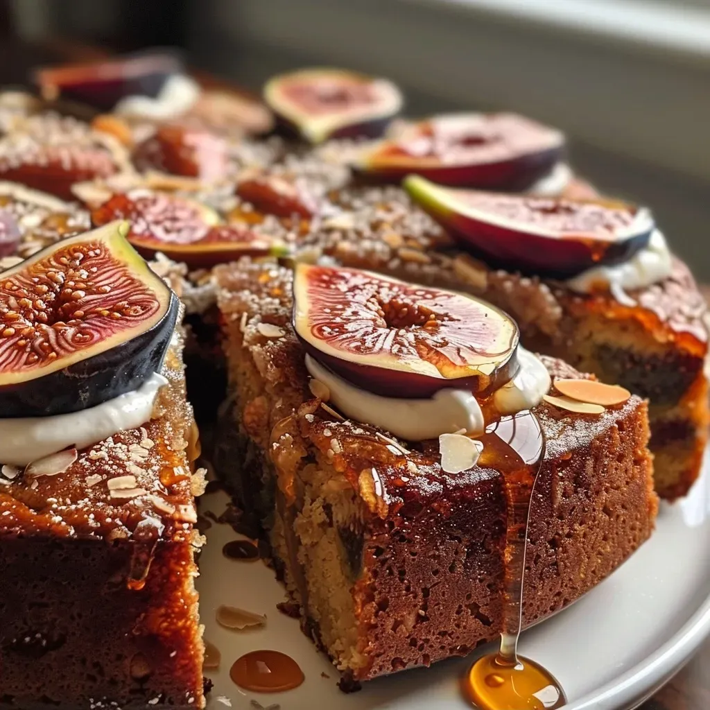 A side view of a Fig and Honey Almond Cake showcasing its moist texture and fig toppings.
