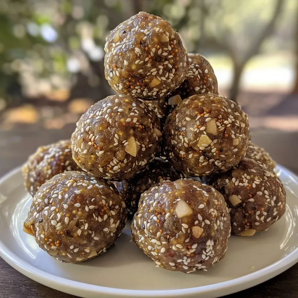 ['Close-up view of Fig Energy Balls arranged on a plate, showcasing their textured surfaces.', 'A side view of delicious vegan Fig Energy Balls with a backdrop of kitchen utensils.', 'Juicy Fig Energy Balls, displaying their natural ingredients and nutty appearance.', 'A focused shot of Fig Energy Balls, highlighting their round shape and appealing colors.']