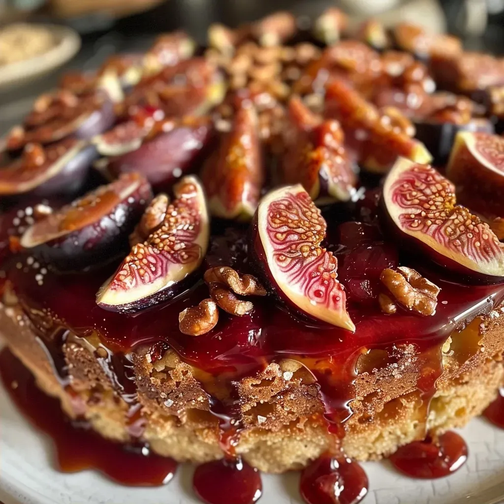 ['Side view close-up of a Fig Walnut Cake adorned with fresh figs and toasted walnuts.', 'Juicy Fig Walnut Cake showcasing layers of honey joconde sponge and walnut praline ganache.', 'Textured view of Fig Walnut Cake featuring a vibrant fig glaze and raspberry compote.', 'Detailed slice of Fig Walnut Cake with rich ganache and garnishes, presented elegantly.']