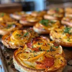 ['Close-up of a golden brown Fireside Tart filled with chorizo and melted cheese.', 'Side view of a delicious Fireside Tart showcasing its flaky crust and vibrant filling.', 'Juicy Fireside Tart with visible orange zest and herbs, set against a neutral background.', 'Layered view of a Fireside Tart revealing its savory ingredients like chorizo and onions.']