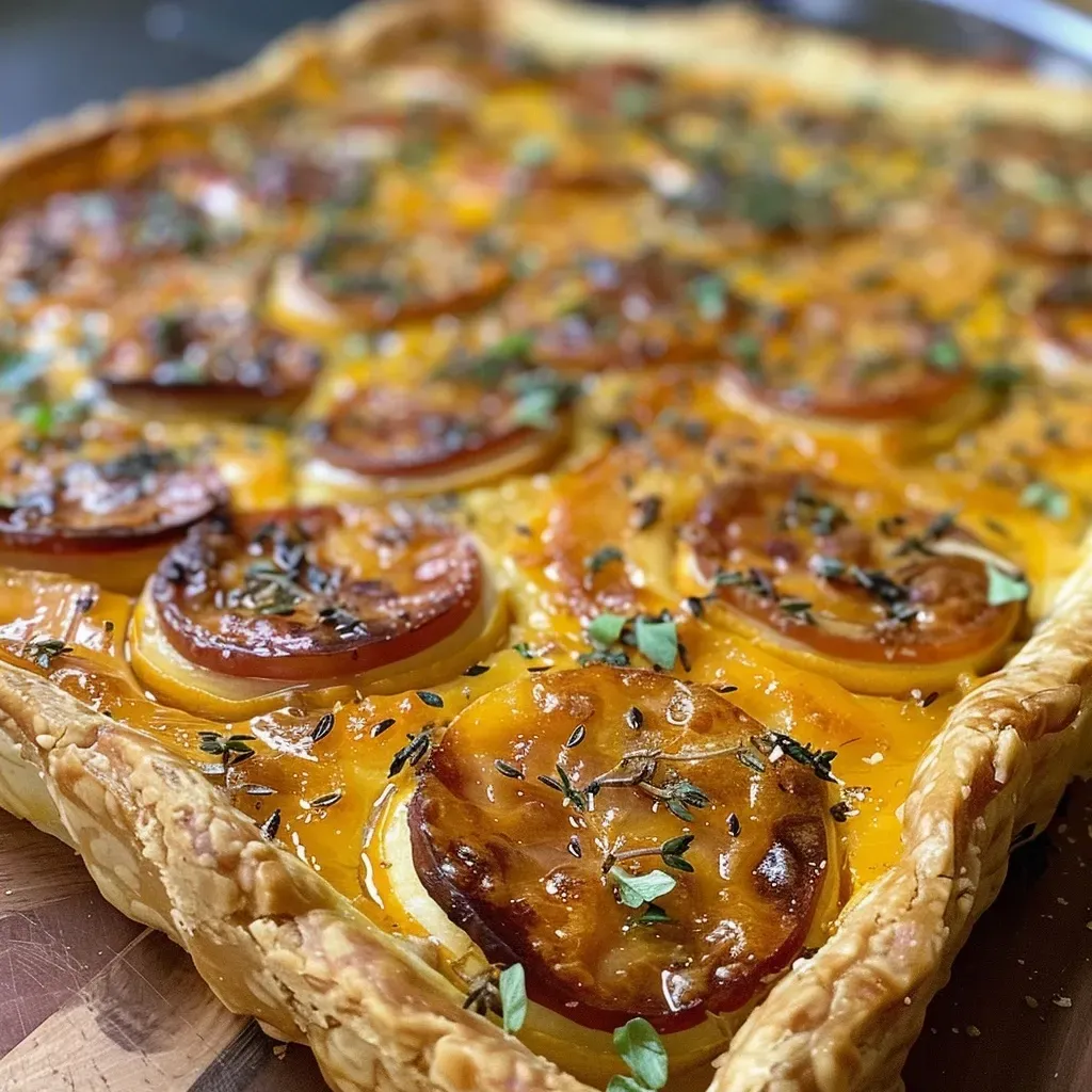 ['Close-up of a golden brown Fireside Tart filled with chorizo and melted cheese.', 'Side view of a delicious Fireside Tart showcasing its flaky crust and vibrant filling.', 'Juicy Fireside Tart with visible orange zest and herbs, set against a neutral background.', 'Layered view of a Fireside Tart revealing its savory ingredients like chorizo and onions.']