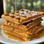 ['Close-up view of golden-brown flourless pumpkin waffles topped with syrup and spices.', 'Side view of delicious flourless pumpkin waffles with a drizzle of syrup and a sprinkle of cinnamon.', 'Juicy flourless pumpkin waffles served on a plate, showcasing their fluffy texture and rich color.', 'Beautifully plated flourless pumpkin waffles with maple syrup and spices, highlighting their appetizing look.']