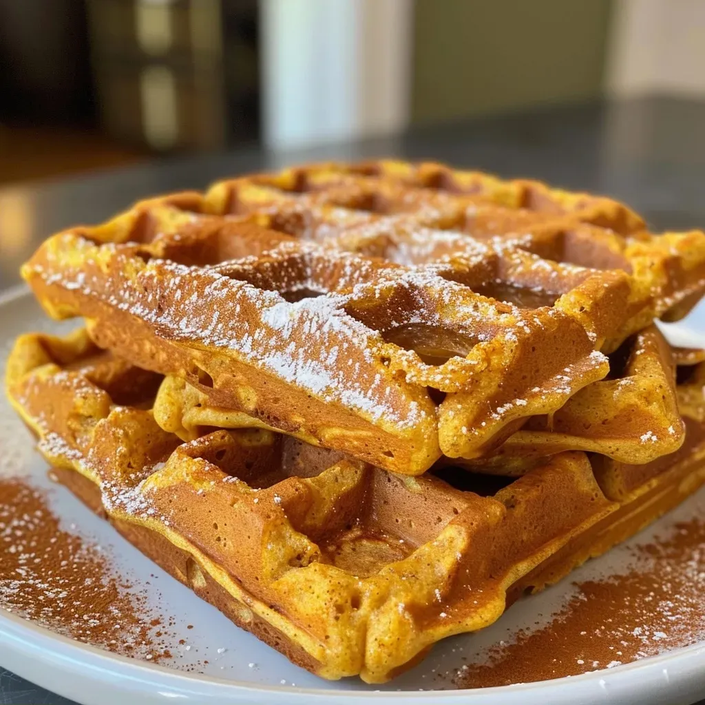['Close-up view of golden-brown flourless pumpkin waffles topped with syrup and spices.', 'Side view of delicious flourless pumpkin waffles with a drizzle of syrup and a sprinkle of cinnamon.', 'Juicy flourless pumpkin waffles served on a plate, showcasing their fluffy texture and rich color.', 'Beautifully plated flourless pumpkin waffles with maple syrup and spices, highlighting their appetizing look.']