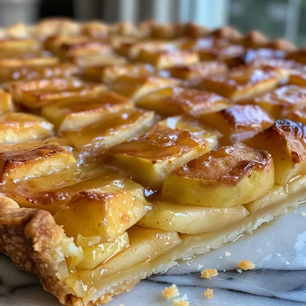 ['Close-up of a golden-brown French Apple Tart, showcasing juicy apple slices.', 'Side view of a flaky French Apple Tart filled with baked apples and a glossy glaze.', 'Detailed image of a French Apple Tart, highlighting the crust and cinnamon-dusted apples.', 'Close-up of a French Apple Tart showing rich caramelized apples atop a buttery crust.']