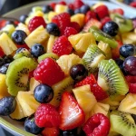 ['Close-up of a colorful fruit salad featuring strawberries, kiwi, grapes, pineapple, raspberries, and blueberries.', 'Side view of a vibrant fruit salad with a sprinkle of brown sugar and cinnamon over fresh fruits.', 'Juicy fruit salad displaying a mix of strawberries, kiwi, and berries, glistening with brown sugar.', 'Detailed view of a refreshing fruit salad filled with various fruits and topped with cinnamon.']