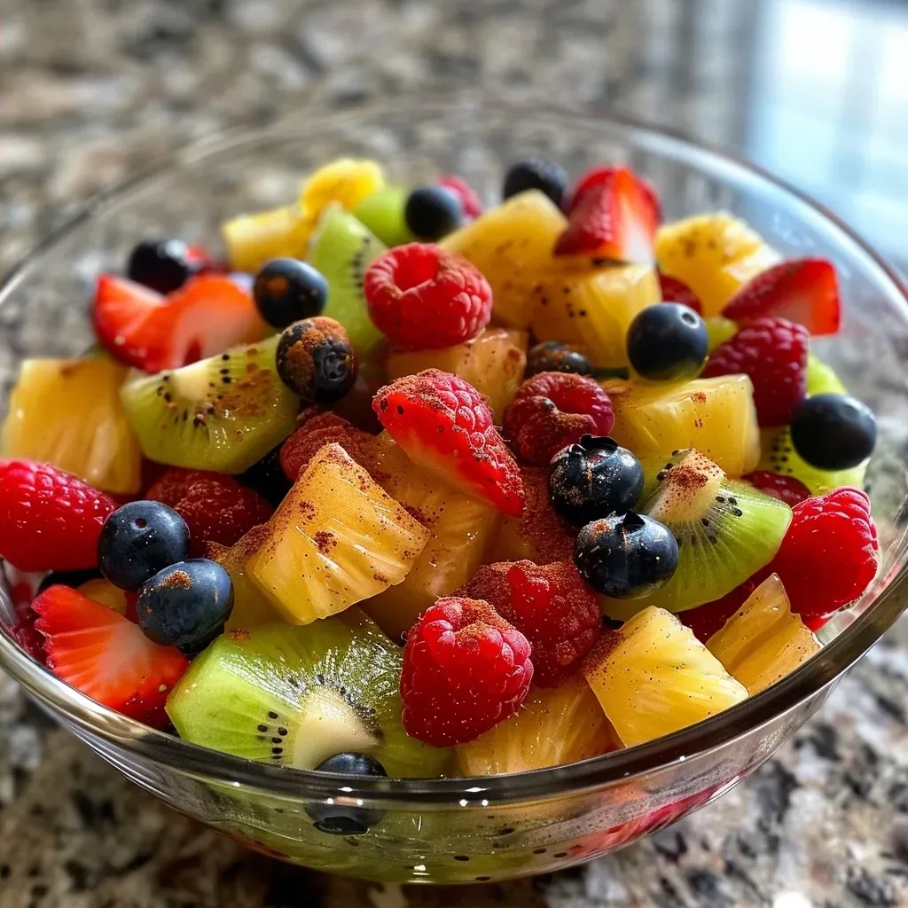 ['Close-up of a colorful fruit salad featuring strawberries, kiwi, grapes, pineapple, raspberries, and blueberries.', 'Side view of a vibrant fruit salad with a sprinkle of brown sugar and cinnamon over fresh fruits.', 'Juicy fruit salad displaying a mix of strawberries, kiwi, and berries, glistening with brown sugar.', 'Detailed view of a refreshing fruit salad filled with various fruits and topped with cinnamon.']