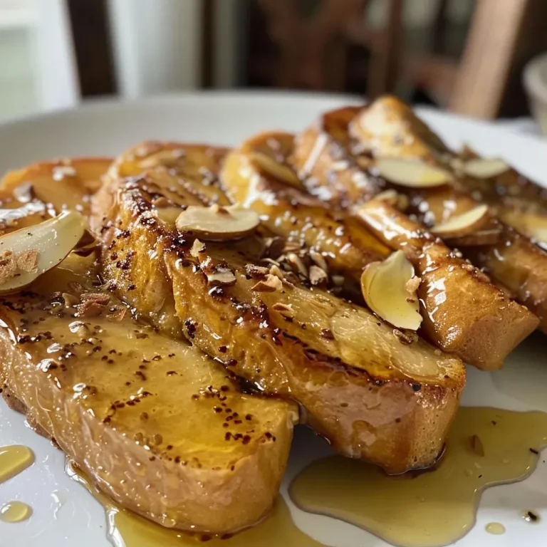 ['Close-up of ginger French toast topped with caramelized pear segments and toasted almonds.', 'Side view of a plate of ginger French toast garnished with golden caramelized pears and almond slivers.', 'Delicious ginger French toast showcasing pear pieces and a sprinkle of toasted almonds, shot from the side.', 'A mouth-watering close-up of ginger-infused French toast adorned with sweet caramelized pears and crunchy almonds.']
