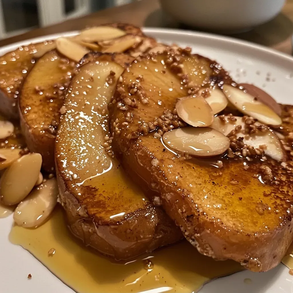 Close-up of ginger French toast topped with caramelized pear segments and toasted almonds.