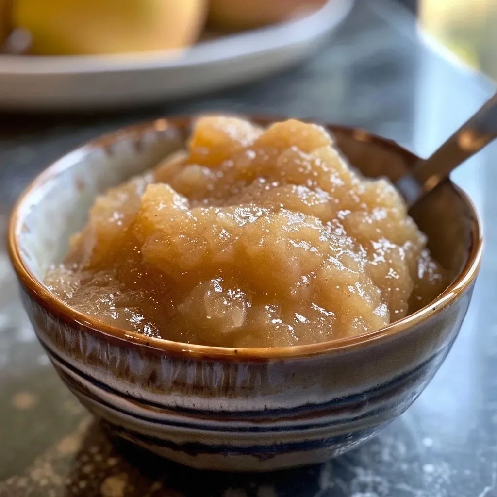 ['Close-up of a jar filled with ginger pear cinnamon applesauce, highlighting its chunky texture.', 'Side view of a bowl of ginger pear cinnamon applesauce, showcasing the colorful blend of apples and pears.', 'Detailed shot of homemade ginger pear cinnamon applesauce, featuring pieces of fruit clearly visible.', 'Vivid image of ginger pear cinnamon applesauce in a glass jar, emphasizing its rich, warm color.']