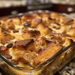 ['A close-up side view of a golden-brown gluten-free bread pudding, showing its fluffy texture and scattered raisins.', 'Juicy gluten-free bread pudding served in a dish, highlighting its rich color and moist appearance.', 'Side profile of gluten-free bread pudding, with visible bread cubes and a glossy surface.', 'A detailed view of delicious gluten-free bread pudding with a crispy top and soft interior, accented by raisins.']