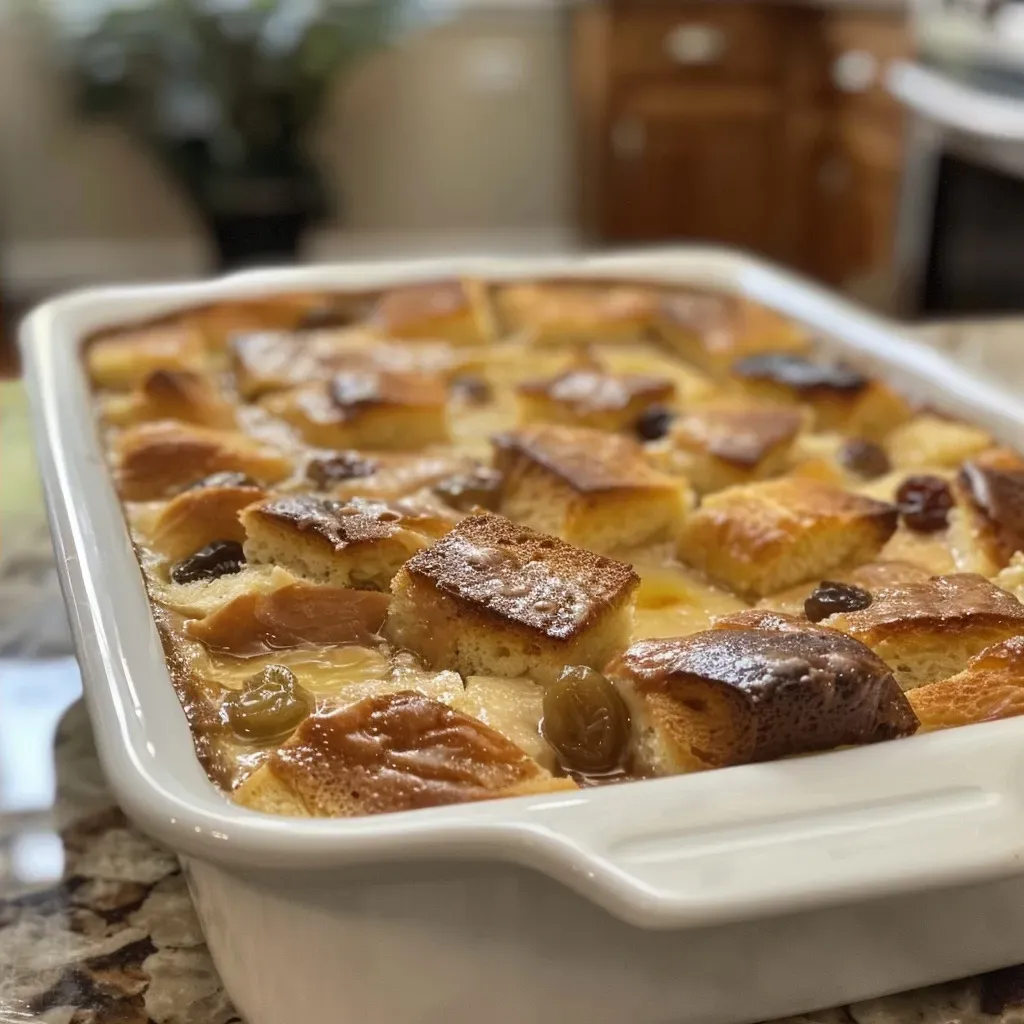 A close-up side view of a golden-brown gluten-free bread pudding, showing its fluffy texture and scattered raisins.