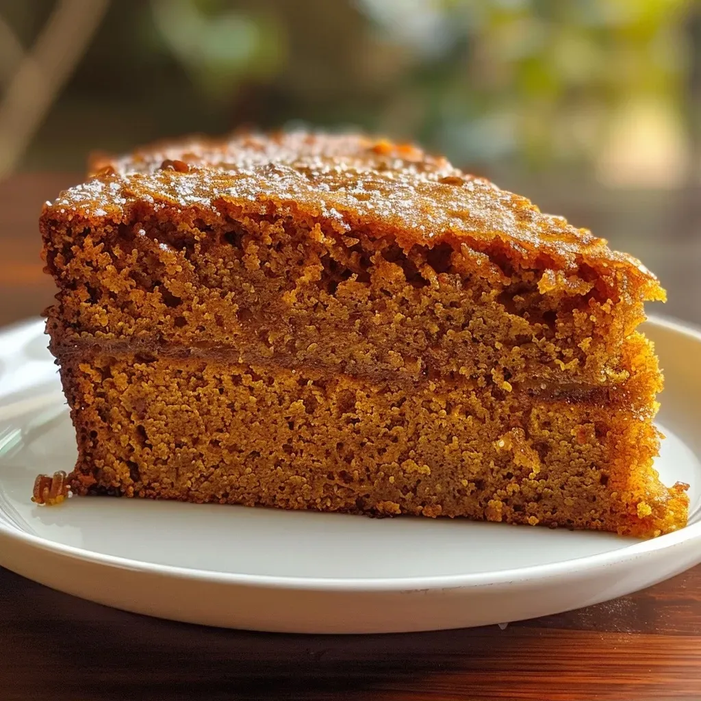 A side view of a gluten-free pumpkin cake topped with pecan crumble, showcasing its moist texture.