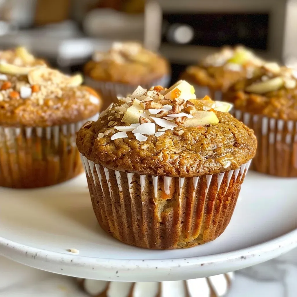 Side view of a golden muffin with a textured top and a few apple pieces visible.