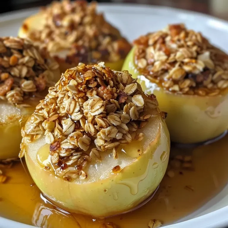 ['A close-up side view of baked apples topped with granola.', 'Juicy granola baked apples displayed in a rustic dish.', 'A detailed view of golden-brown baked apples with granola crust.', 'An appetizing side shot of granola-topped baked apples on a plate.']