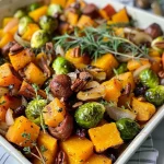 ['A close-up view of a colorful Harvest Casserole featuring chicken sausage and various vegetables.', 'Side view of a baked Harvest Casserole, showcasing chunks of butternut squash, brussels sprouts, and herbs.', 'Close-up of a deliciously layered Harvest Casserole with chicken sausage and vibrant vegetables on a plate.', 'Detail of a Harvest Casserole with fresh herbs, nuts, and cranberries, highlighting its hearty ingredients.']